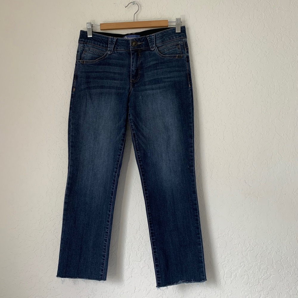 Democracy Jeans Women 6 Blue Straight Leg Absolution Raw Hem Stretch Dark Wash